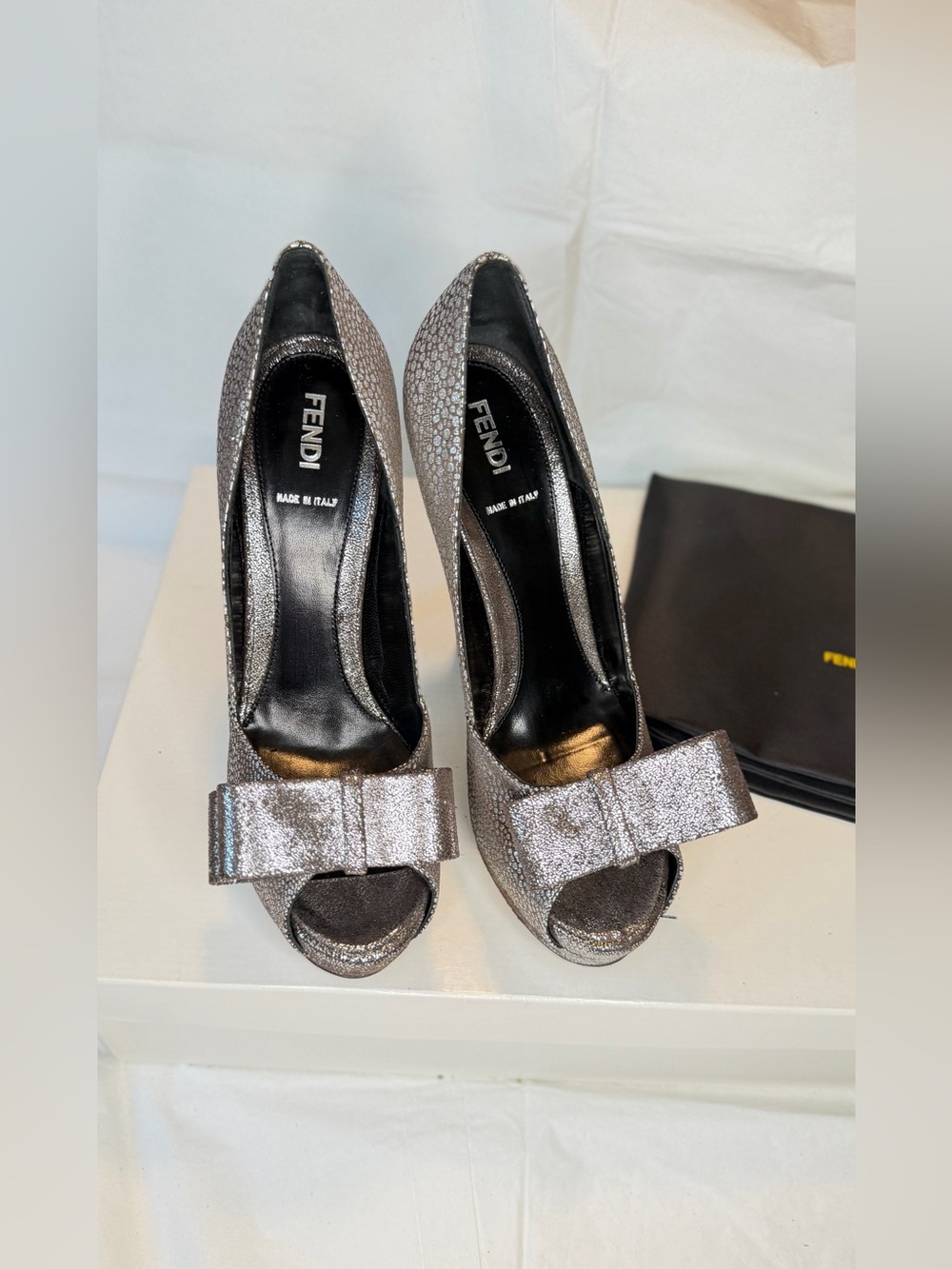 Fendi Metallic Silver Glitter Bow Peep-Toe Heels